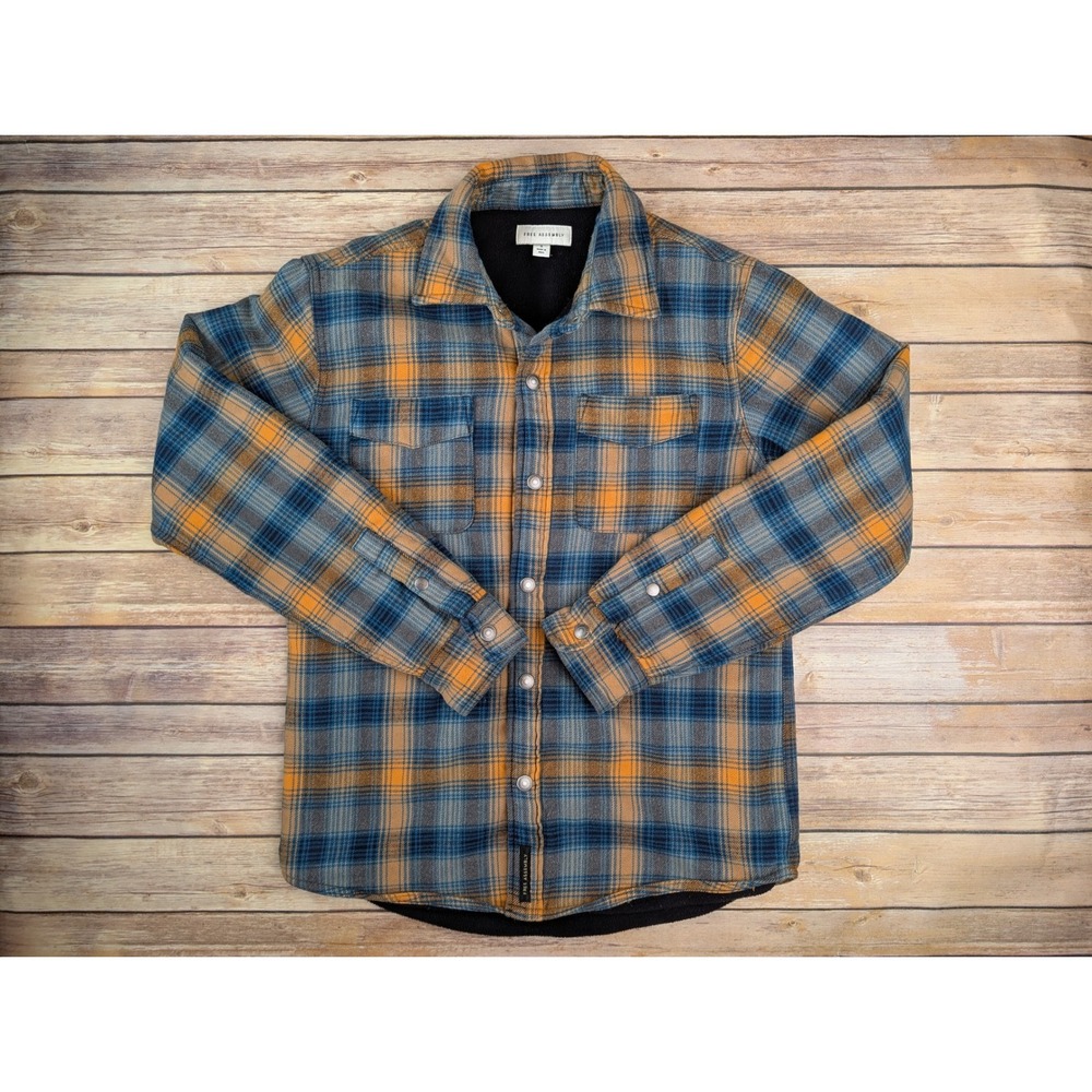 Free Assembly Flannel Shacket Mens S Blue Orange Plaid Fleece | modern grunge